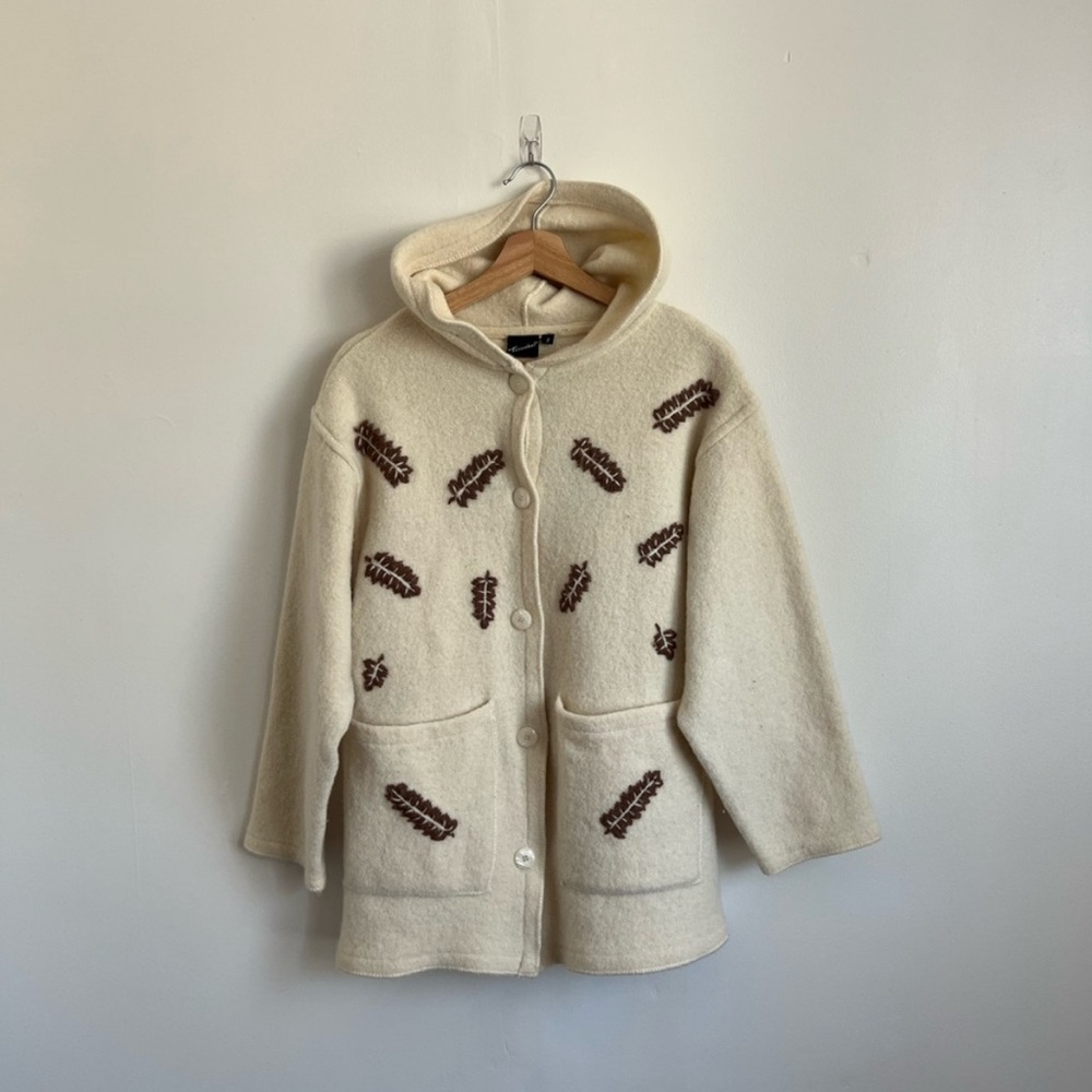 Tricobel Cream & Brown Embroidered Hooded Sweater Chore Jacket
